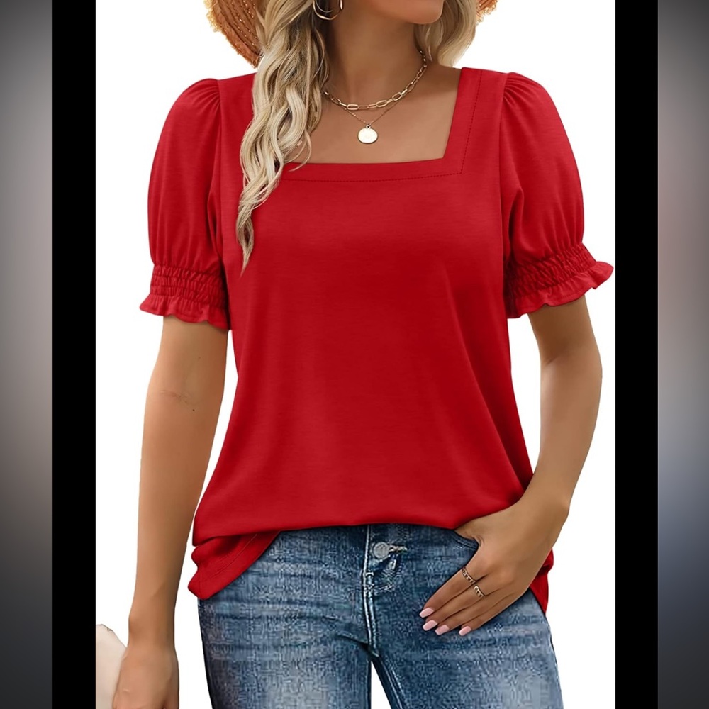 WIHOLL Top for Women Summer Casual Ruffle Trim Sleeve Square Neck T Shirts